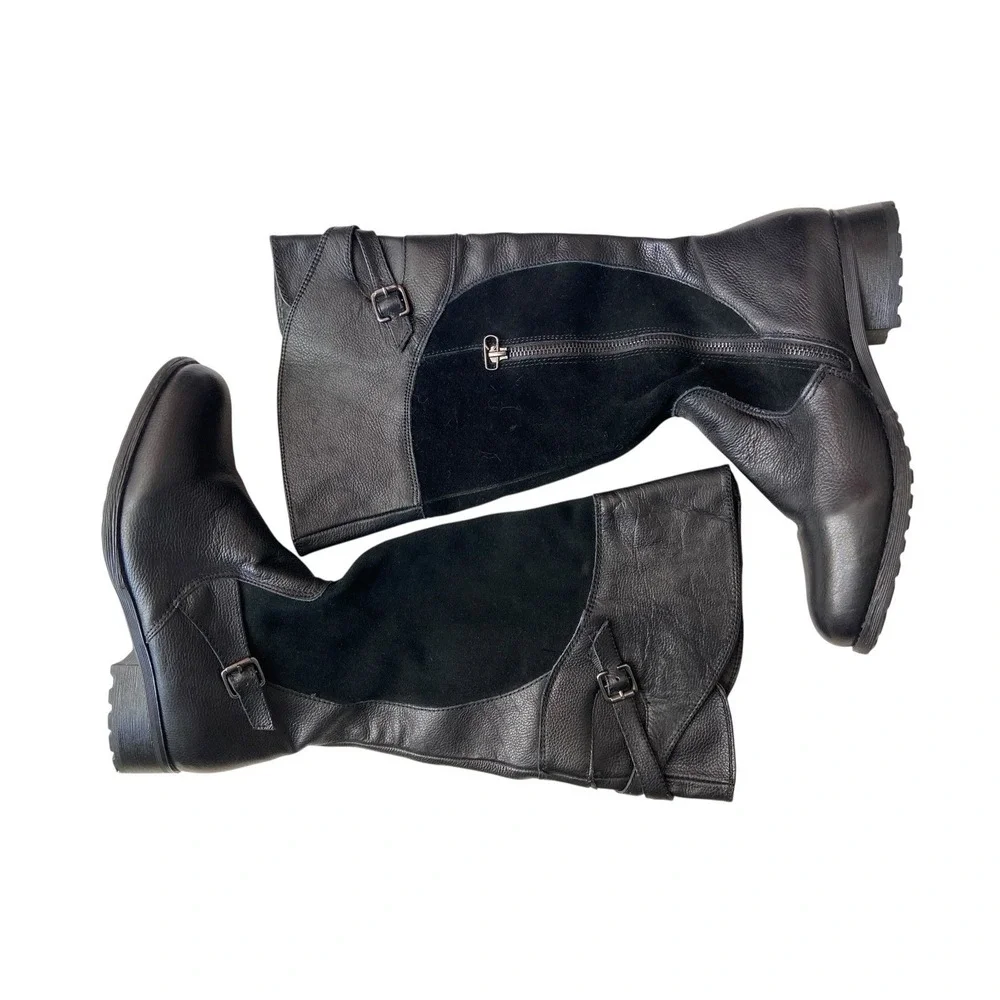 Black Leather Knee High Riding Boots Size 8.5 Buckle Equestrian Capsule Wardrobe